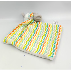 Doudou éléphant gris blanc bleu vert orange rayé mouchoir SHIMA