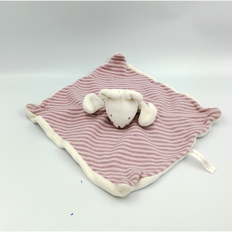 Doudou plat souris blanche rose bordeaux prune rayé Graine d'enfance MOULIN ROTY
