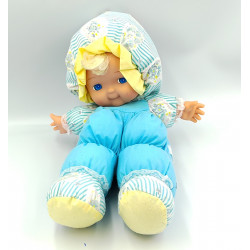 Ancienne poupée chiffon tissu bleu jaune rayé fleurs NICOTOY