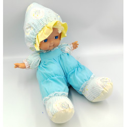 AncienneAncienne poupée chiffon tissu bleu jaune fleurs NICOTOY