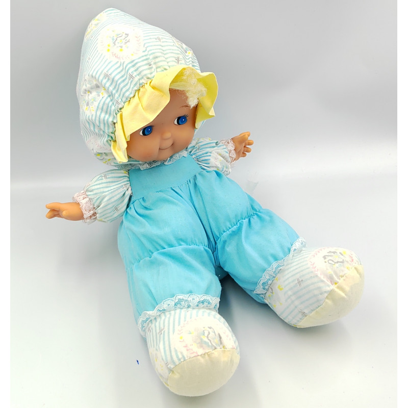 AncienneAncienne poupée chiffon tissu bleu jaune fleurs NICOTOY