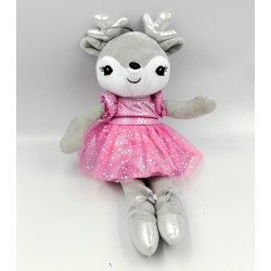 Doudou peluche cerf renne elan gris rose tutu RODA
