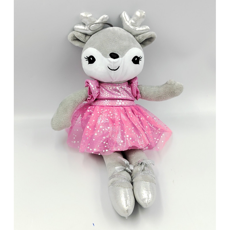 Doudou peluche cerf renne elan gris rose tutu RODA