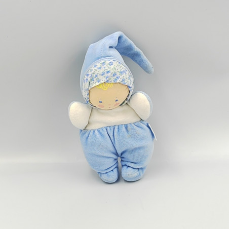 Doudou poupée poupon bébé bleu blanc fleurs COROLLE 1997