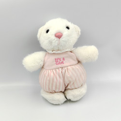 Ancienne peluche doudou ours blanc rose rayé DAKIN 1990