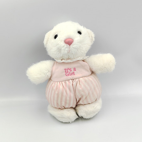 Ancienne peluche doudou ours blanc rose rayé DAKIN 1990