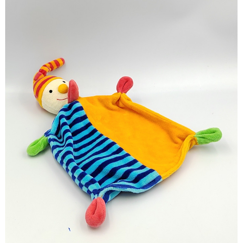 Doudou plat lutin clown orange bleu vert rouge rayé BABY CLUB