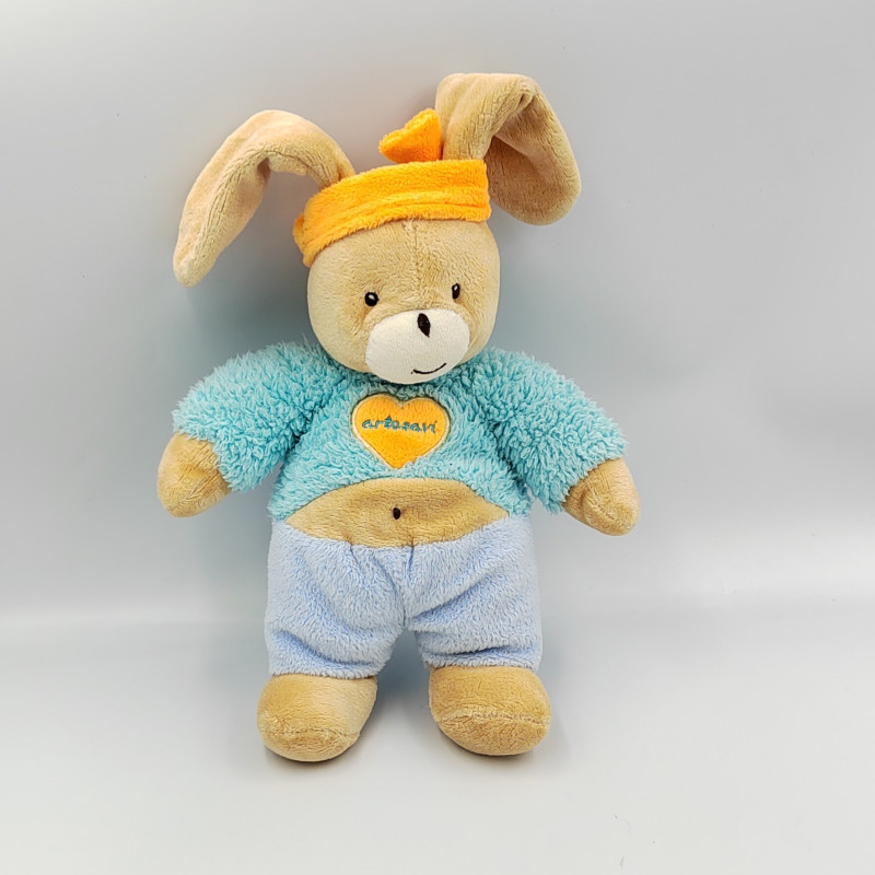 Doudou lapin bleu bandeau coeur orange ARTESAVI