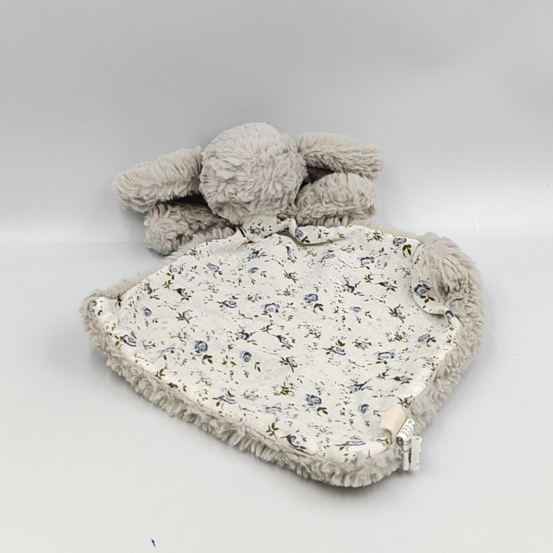 Doudou plat lapin blanc gris fleurs bleues BOUCHARA