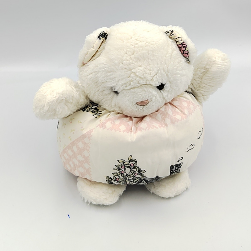 Ancien doudou peluche ours boule blanc rose fleurs maison