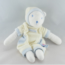 Doudou ours blanc écru bleu capuche SUCRE D'ORGE 