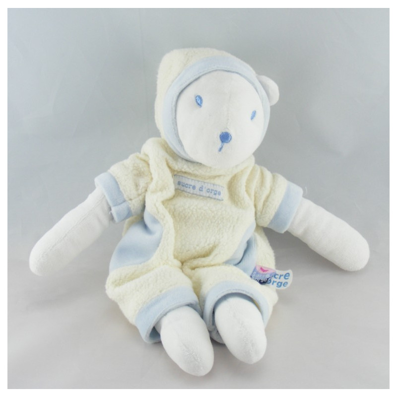 Doudou ours blanc écru bleu capuche SUCRE D'ORGE 