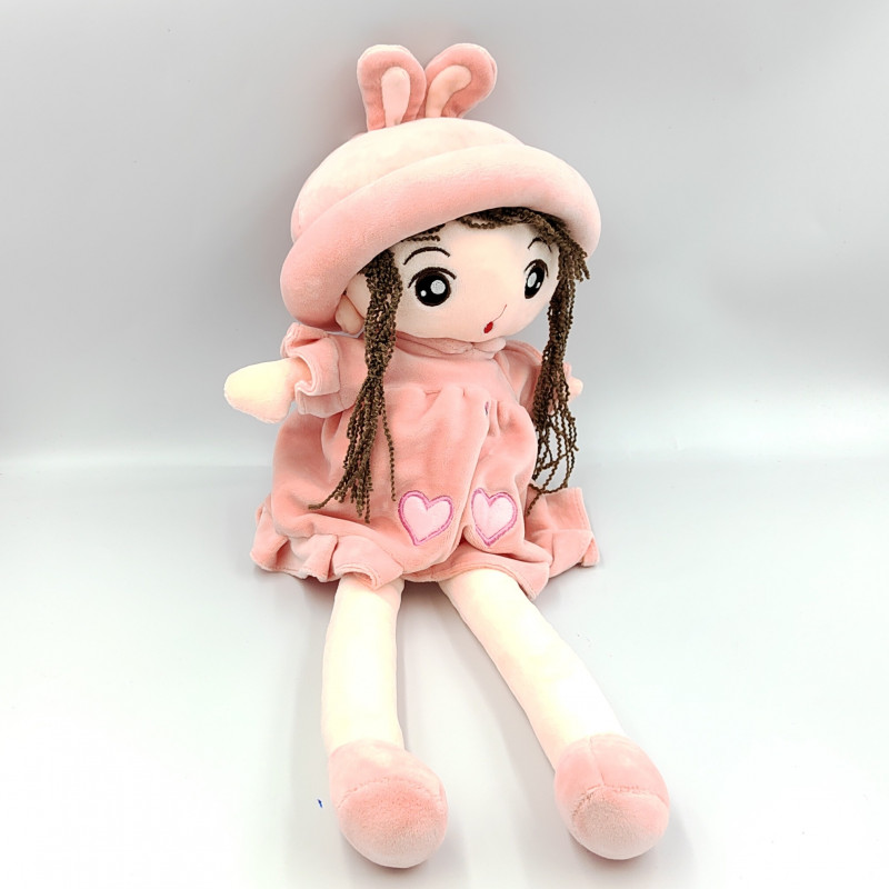 Doudou peluche poupée rose coeurs chapeau lapin