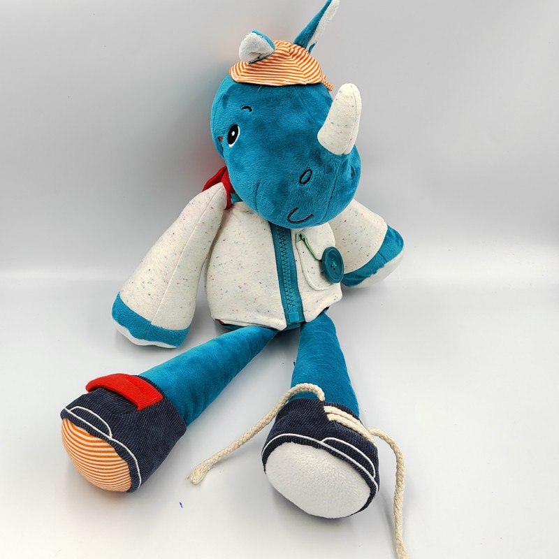 Doudou rhinocéros bleu gilet blanc Marius LILLIPUTIENS