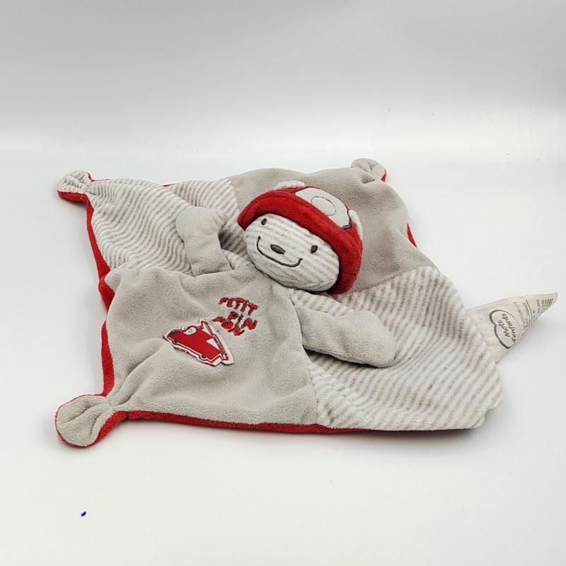 Doudou plat ours gris rouge rayé Pin Pon MOTS D'ENFANTS