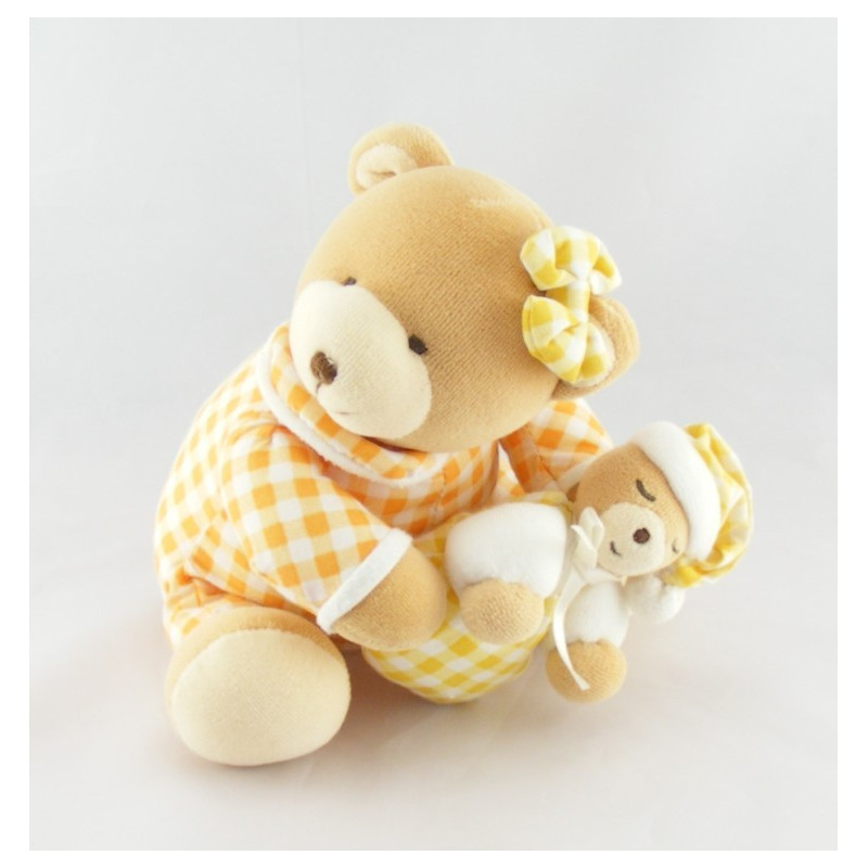 Doudou bébé ours pull carreaux orange couche KALOO