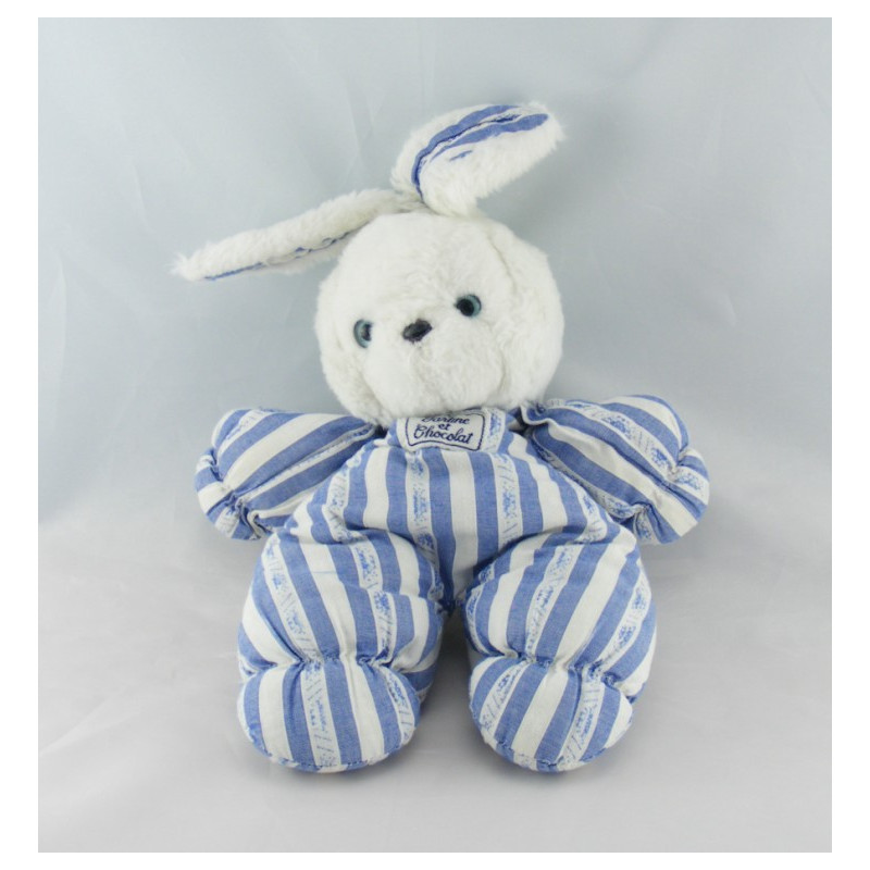 Doudou lapin blanc rayé bleu TARTINE ET CHOCOLAT NEUF