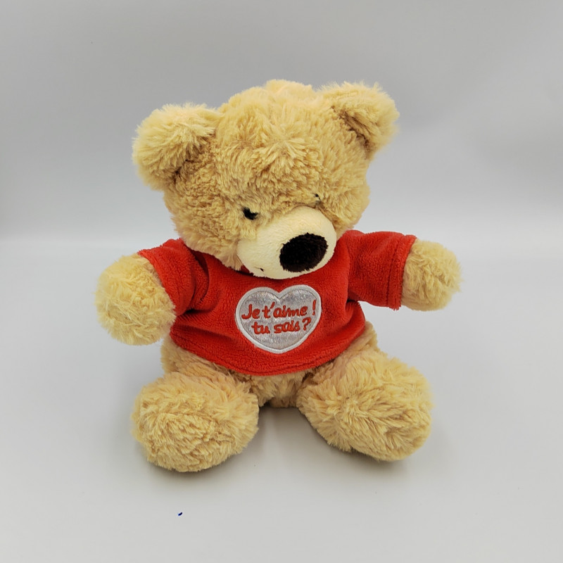 Doudou peluche ours beige pull rouge Je t'aime tu sais JEMINI