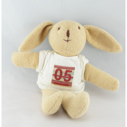 Doudou lapin beige maillot blanc coeur rouge OKAIDI
