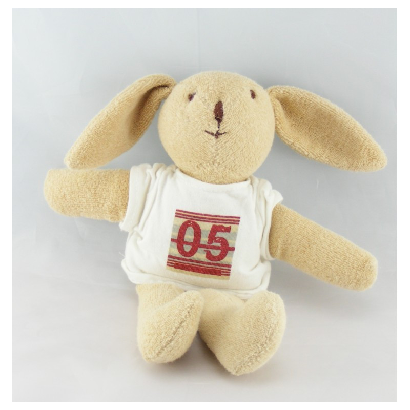 Doudou lapin beige maillot blanc coeur rouge OKAIDI