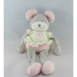 Doudou plat souris gris blanc fleur rose NICOTOY