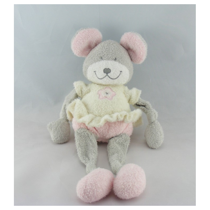 Doudou plat souris gris blanc fleur rose NICOTOY
