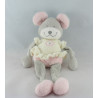 Doudou plat souris gris blanc fleur rose NICOTOY