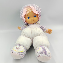 Ancienne poupée chiffon tissu blanc mauve rose fleurs NICOTOY