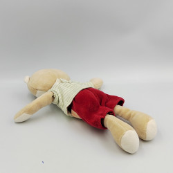 Doudou ours beige maillot rayé vert jaune short rouge SUCRE D'ORGE