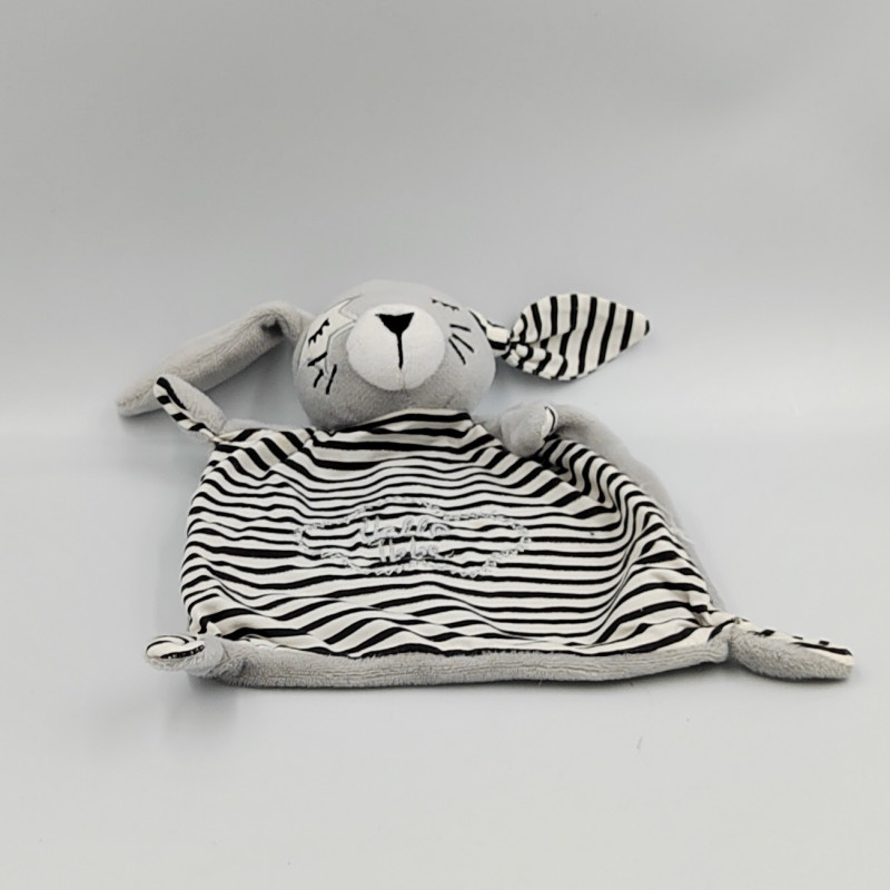 Doudou plat lapin gris blanc rayé HELLO IKKS