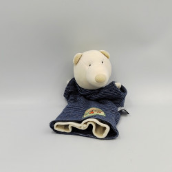 Doudou marionnette ours blanc rayé bleu la grande famille MOULIN ROTY