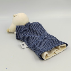 Doudou marionnette ours blanc rayé bleu la grande famille MOULIN ROTY