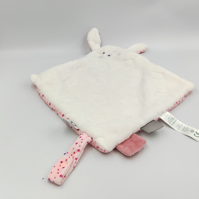 Doudou plat lapin blanc rose pois étoiles OBAIBI