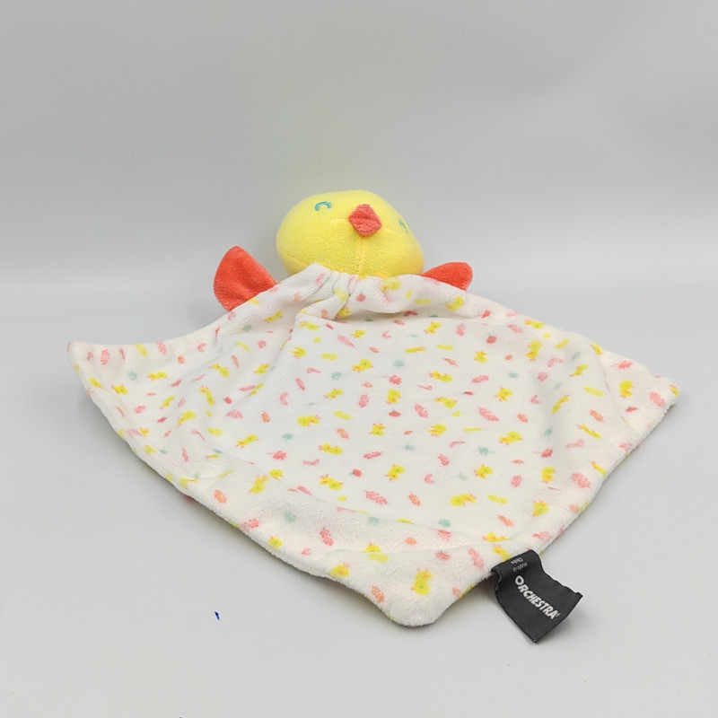Doudou plat canard jaune blanc rose ORCHESTRA