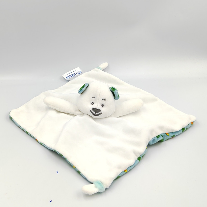 Doudou plat ours blanc bleu fleurs foulard Musti MUSTELA