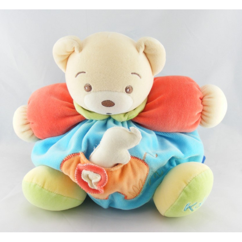 Doudou plat ours bleu vert éléphant brodé KALOO