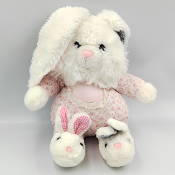 Ancienne peluche lapin blanc rose bleu fleurs chaussons pantoufles IMPEXIT