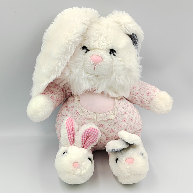 Ancienne peluche lapin blanc rose bleu fleurs chaussons pantoufles IMPEXIT