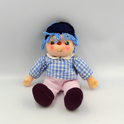 Ancienne Poupée clown nez rouge cheveux en laine tenue vichy bleu année 80 Vintage Ice Cream
