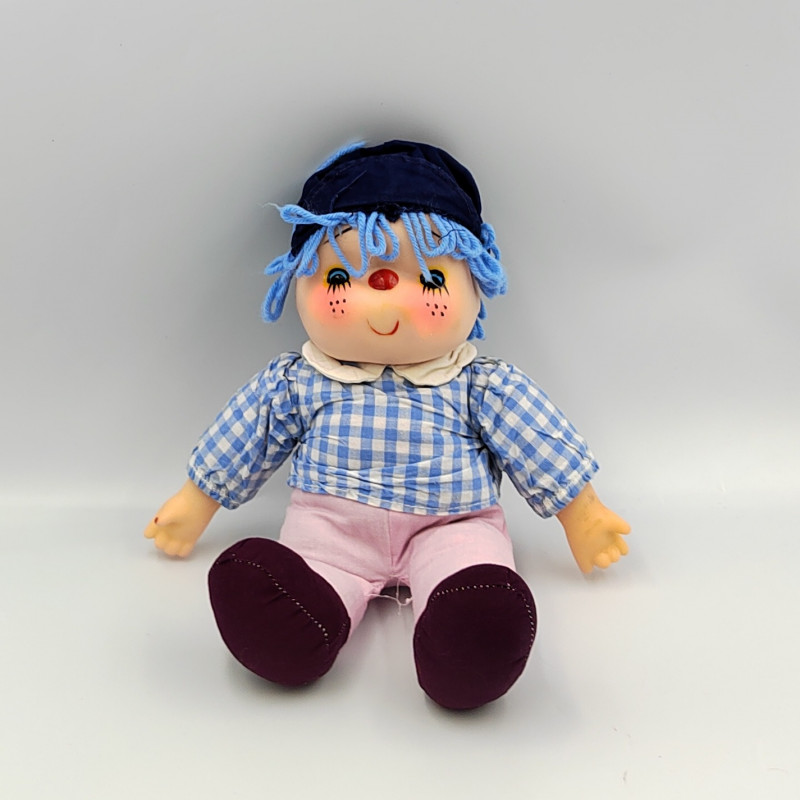 Ancienne Poupée clown nez rouge cheveux en laine tenue vichy bleu année 80 Vintage Ice Cream