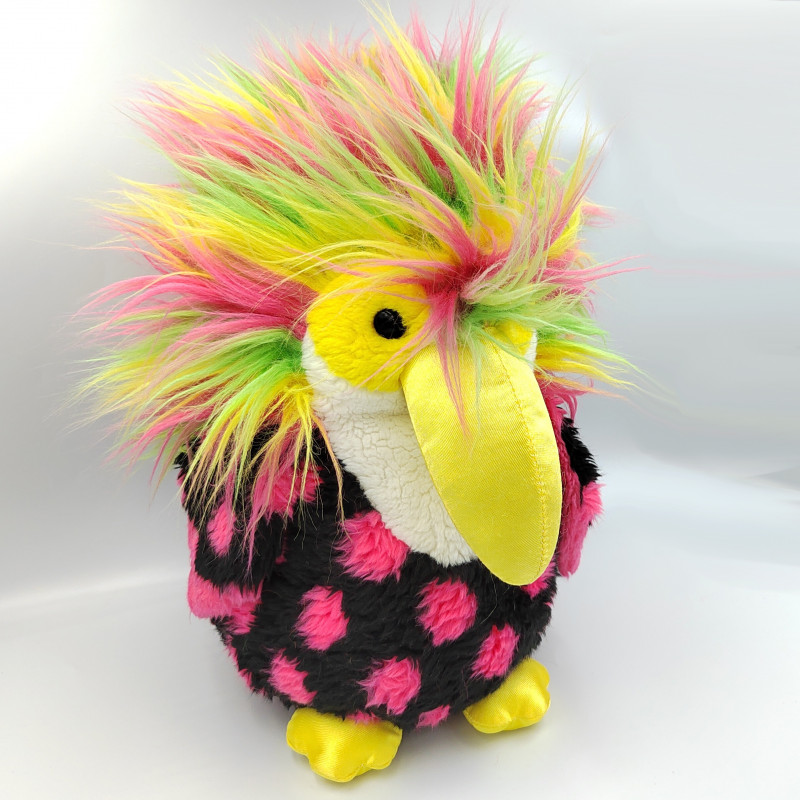 Ancienne peluche oiseau perroquet noir rose jaune vert rose fluo AJENA