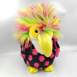 Ancienne peluche oiseau perroquet noir rose jaune vert rose fluo AJENA