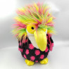 Ancienne peluche oiseau perroquet noir rose jaune vert rose fluo AJENA