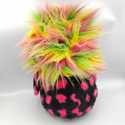 Ancienne peluche oiseau perroquet noir rose jaune vert rose fluo AJENA