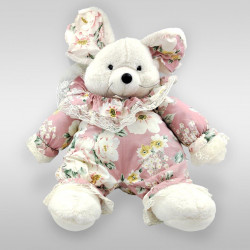 Ancienne peluche souris blanche rose fleurs tissu Vintage