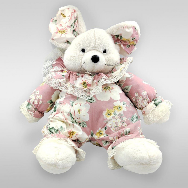 Ancienne peluche souris blanche rose fleurs tissu Vintage