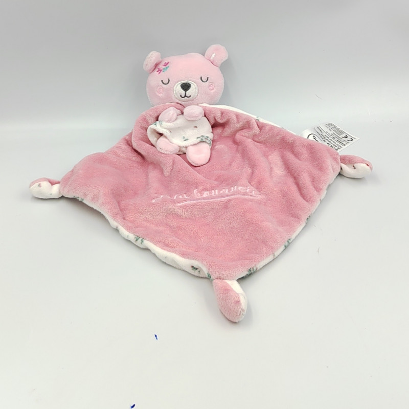 Doudou ours rose blanc jolis bouquets MOTS D'ENFANTS