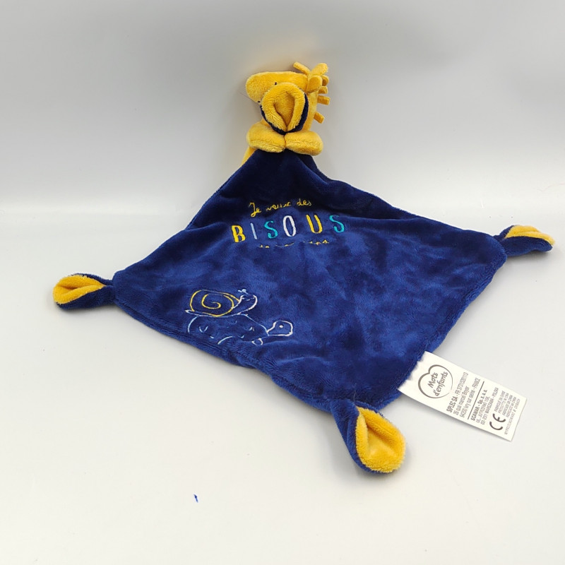 Doudou plat Girafe jaune bleu marine Bisous MOTS D'ENFANTS