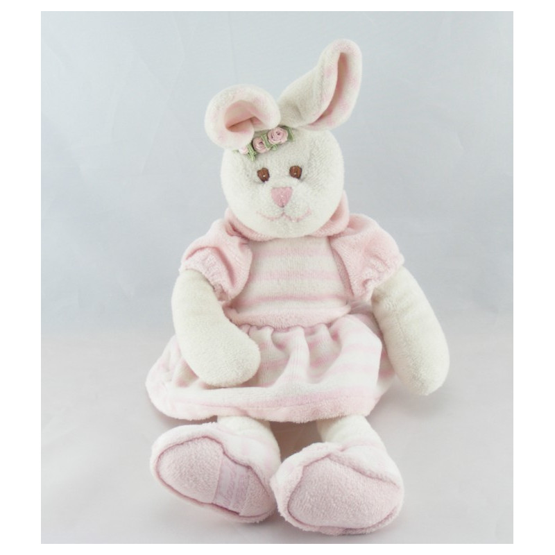 Doudou semi plat lapin rose blanc éponge BUKOWSKI