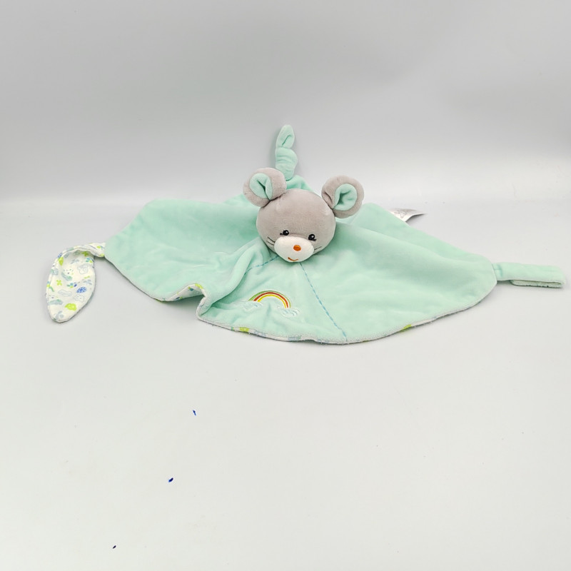 Doudou plat souris bleu verte arc en ciel GIPSY
